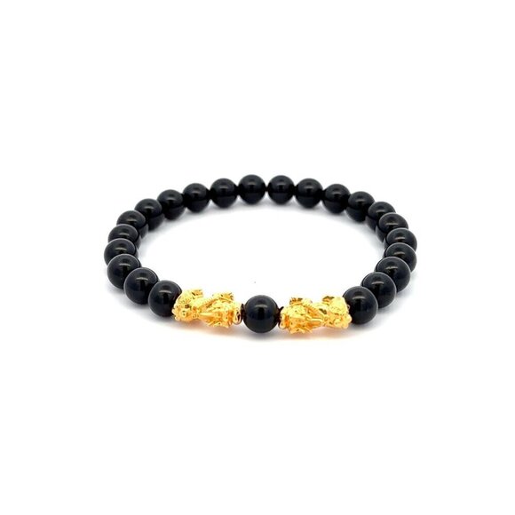 18K Gold Dragon Pixiu Double Piyao Charm Bracelet Gemstones Black Tourmaline 6mm - Picture 1 of 4